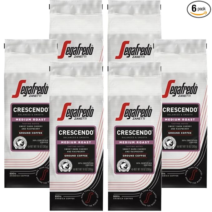 Segafredo Zanetti Ground Coffee ??Made with Arabica Coffee ??Medium Roast, Aroma of Fresh Berries, Hints of Sweet Floral & Cocoa ??Smooth, Medium-Bodied ??Crescendo, 10oz Bag, Pack of 6