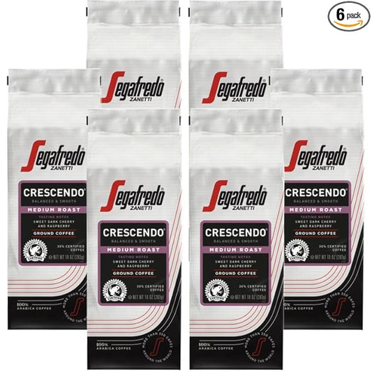 Segafredo Zanetti Ground Coffee ??Made with Arabica Coffee ??Medium Roast, Aroma of Fresh Berries, Hints of Sweet Floral & Cocoa ??Smooth, Medium-Bodied ??Crescendo, 10oz Bag, Pack of 6