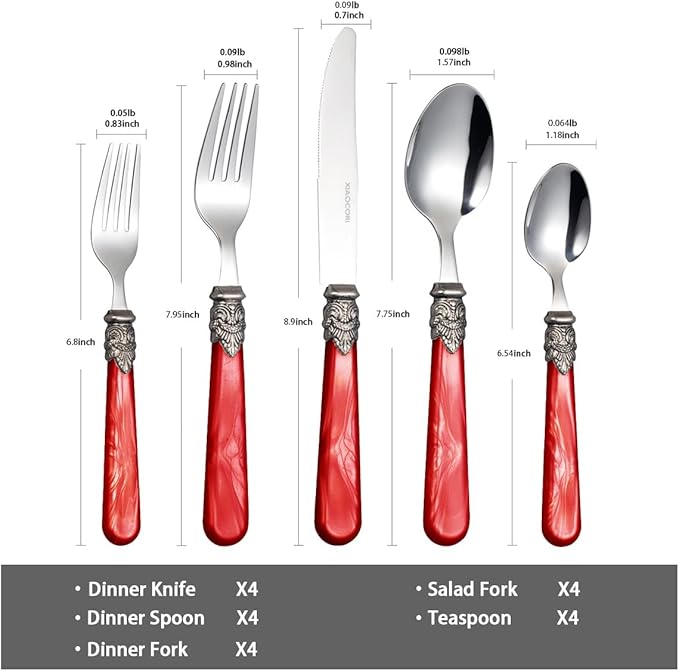 20 Pieces 18/10 Stainless Steel Elegant Silverware Set for 4,Vintage Flatware Set,Dishwasher Safe (20, Red)