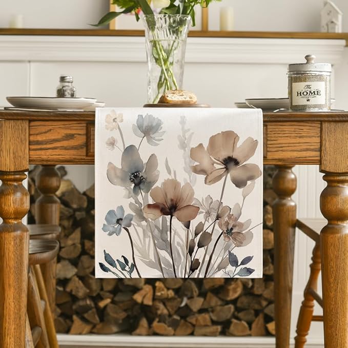Artoid Mode Brown Poppy Floral Leaves Spring Table Runner, Seasonal Summer Kitchen Dining Table Decoration for Home Party Decor 13x120 Inch