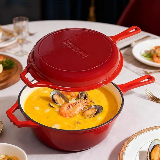 Enameled Cast Iron Braiser Pan - 2-in-1 Cast Iron Dutch Oven - 6.5QT Deep Pot with Frying Pan - Cookware Multi Cooker Skillet - for Grill Induction Stovetop Camping -Red