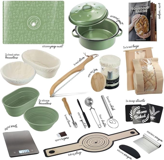 All-Inclusive ?뿣?뿥?뿕?뿞?뿙?뿨?뿞 Sourdough Starter Kit with Pot, 34 Oz Starter Jar, 4 Banneton Bread Proofing Baskets, Scraper, Scale, Sourdough Bread Baking Supplies, Detailed Beginner Guide & Recipes