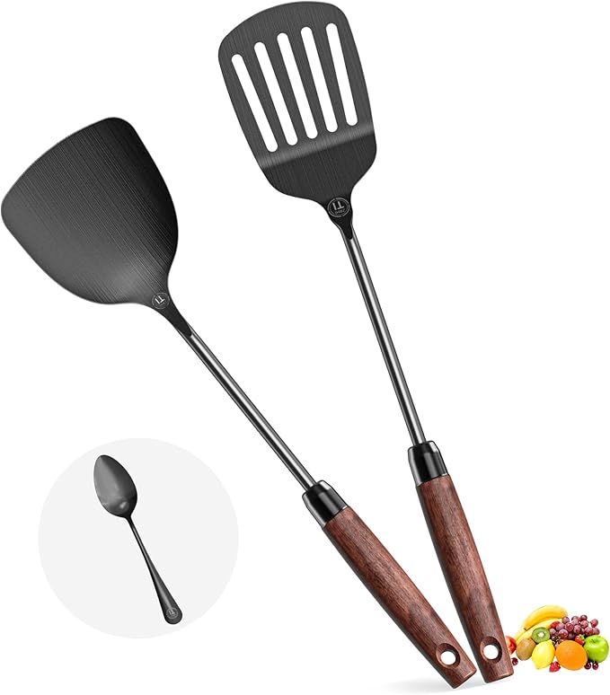 3-Piece Pure Titanium Kitchen Utensil Set - Metal Spatula, Slotted Spatula & Bonus Spoon, Food Grade Pancake Cooking Tools, Dishwasher Safe