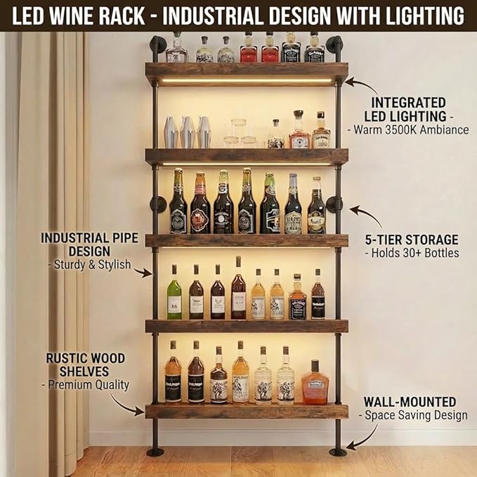 Wall Mounted Wine Rack with LED Light,5-Tiers Liquor Bottles Floating Shelves Display Storage Organizer for Home Bar & Dining Room (24INCH-LED)