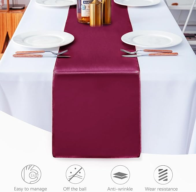 JEVIX 20 Pack Satin Table Runner 12 X 108 Inch Silk Table Runner for Party,Wedding, Birthday, Banquets,Decoration(Burgundy)
