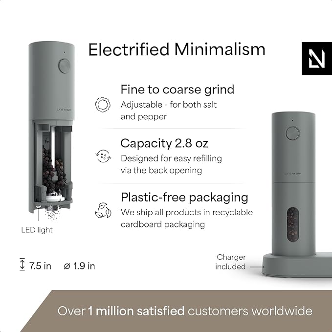LARS NYS횠M Electric Salt and Pepper Grinder Set, USB Rechargeable, Automatic Salt and Pepper Mills, Spice Shakers Refillable with LED Light, Adjustable Coarseness, Ceramic Grinder (Ash Gray)