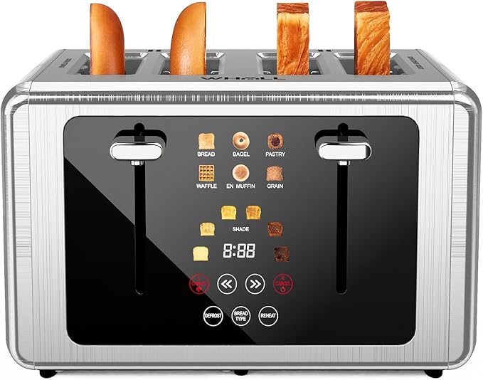 WHALL Touch Screen Toaster 4 Slice, Smart Digital Toaster with 1.5" Wide Slots, 6 Shade Settings & 6 Bread Types, Memory Function, Countdown Timer, Brushed Stainless,Ideal Kitchen Gift & Essential
