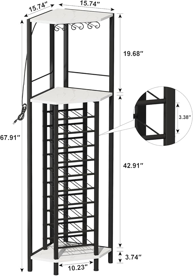 Homeiju Corner Wine Rack with Glass Holder and Led Strip Light, Corner Bar Wine Racks Freestanding Floor, Industrial Corner Bar Cabinet for Kitchen, Dining Room, Living Room or Cellar