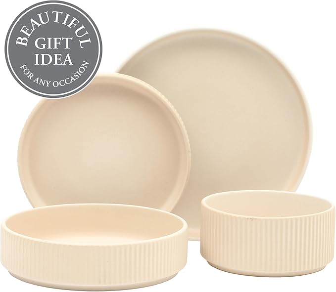 Gibson Elite Deerfield 16-Piece Stoneware Dinnerware Set ??Cream White Reactive Glaze Plates and Bowls, Stackable Design, Service for 4 ??Dishwasher & Microwave Safe