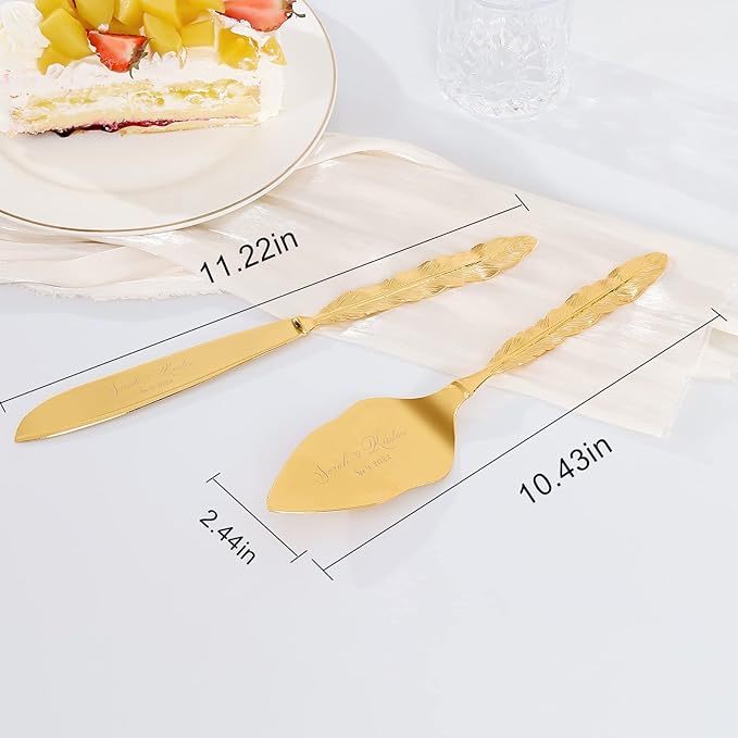 Wedding Cake Knife and Server Set, Personalized Gold Cake Cutting Set for Wedding, Engraved Classic Cake Cutter Set, Pie PastryServer, Birthday Bridal Quincea챰era Gift (CUS-Feather)