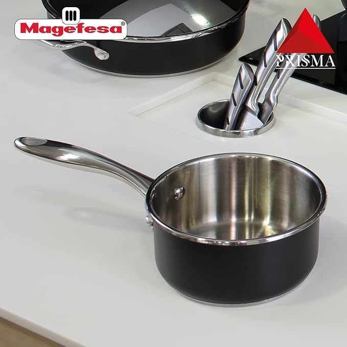 MAGEFESA Prisma - 6.3 inches Saucepan, made in 18/10 stainless steel, for all types of kitchens, INDUCTION, easy cleaning, dishwasher and oven safe up to 392쨘F