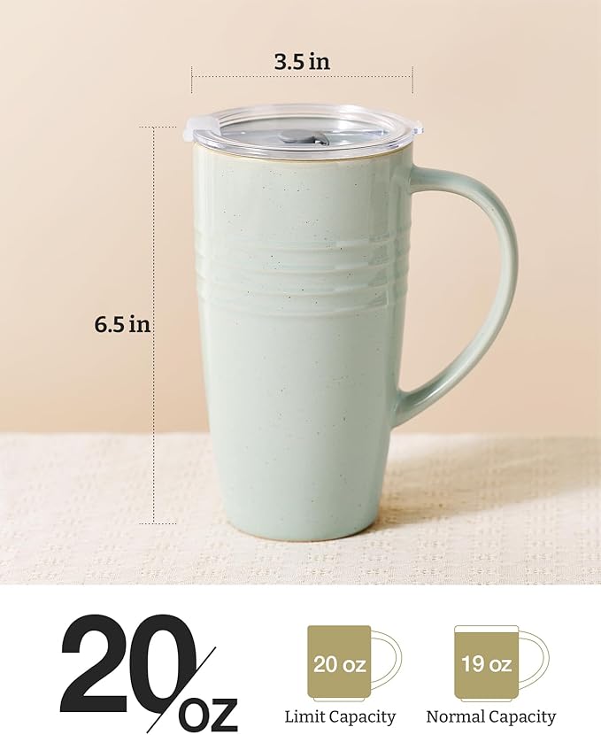 famiware Jupiter Large Coffee Mug, 20oz Coffee Mug with Lid, Ceramic Mugs Set of 2, Cup Set with Handle for Latte, Tea, Cocoa, Milk, Home & Office, Microwave and Dishwasher Safe, Light Green