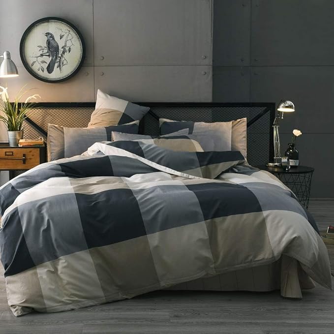 Full Comforter Set Fluffy Modern Style Plaid Comforter Set Checkered Pattern Comforter for Boys Men 3 Pieces Bedding Set 1 Geometric Comforter with 2 Pillow Shams All Season Full Size Comforter Set