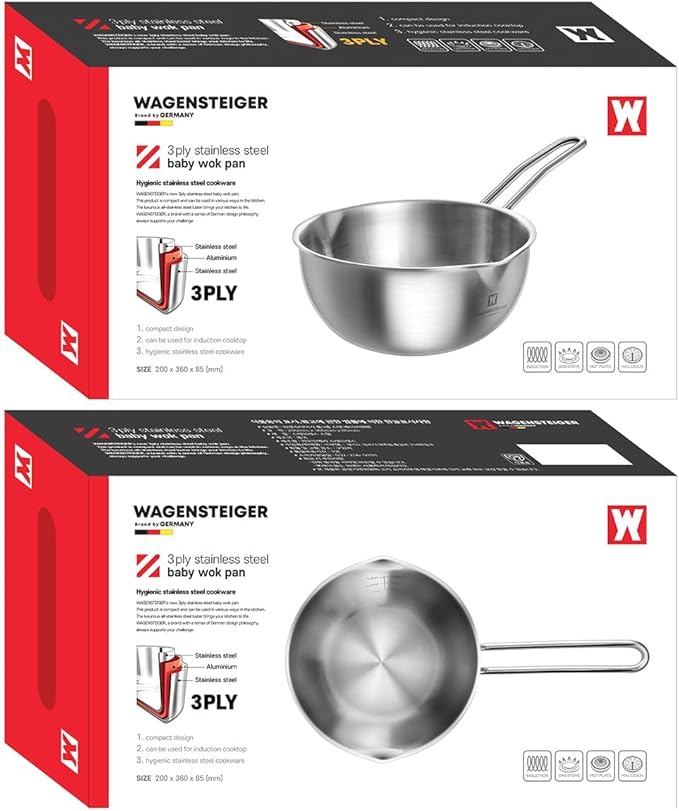 Stainless Steel Baby Wok 200mm / 7.87inches, 3-Ply Base with Aluminum Core, All Cooktops, Multipurpose Saucepan, Ramen Pot, On-the-go Cooking Pot for Outdoor or Camping