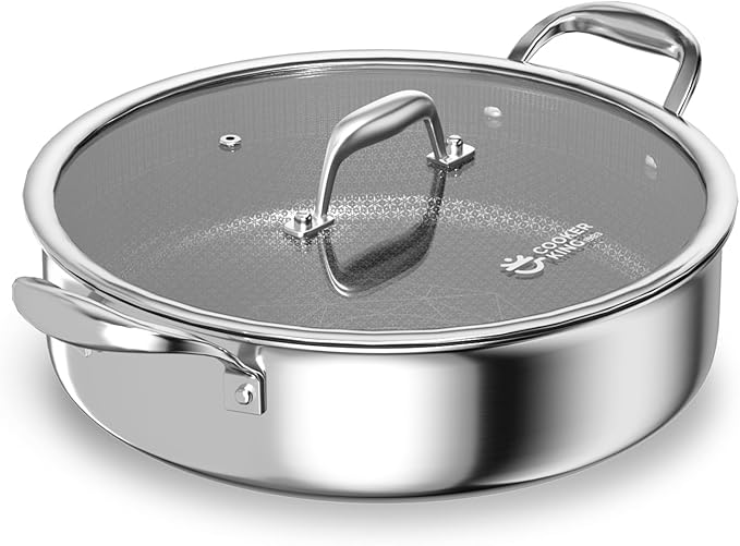 COOKER KING 5QT Stainless Steel Saute Pan with Lid, Hybrid Nonstick Deep Saute Pan, Chicken Fryer, Tri-Ply Clad Even Heat Distribution, Dishwasher-Friendly,Oven Safe to 500째F, Induction Compatible