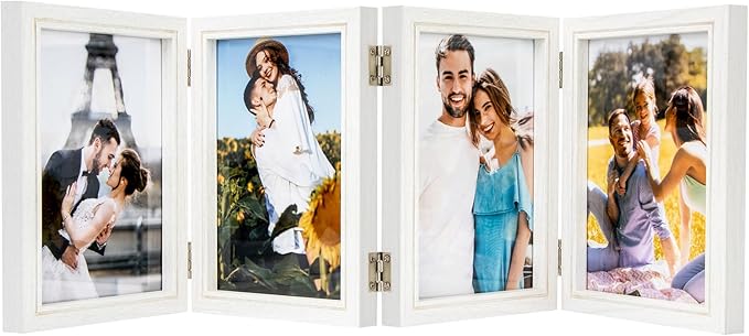 5x7 Four Picture Frame 4 Hinged Photo Frame with 4 Openings, Natural Wood Foldable Photo Frame with High Definition Acrylic for Birthday Father's Day Christmas Gift, Rustic Desk Family Picture Collage, White