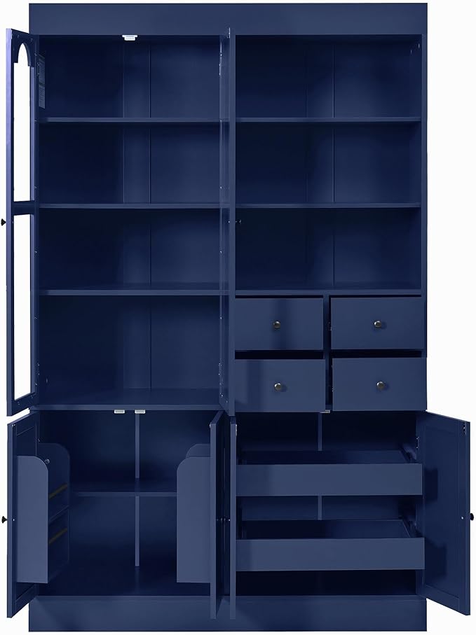 75-inch Tall Kitchen Pantry Cabinet, Freestanding Buffet with Hutch, Storage Cabinet with 4 Drawers, Door Shelves and Pull-Out Trays for Dining Room (Blue + MDF + Farmhouse)