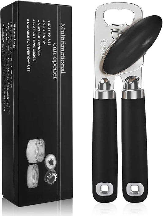 Can Opener Manual, Heavy Duty Stainless Steel Smooth Edge Can Opener With Soft Touch Handle, Oversized Handheld Easy Turn Knob, Multi-Function Bottle Opener, Black