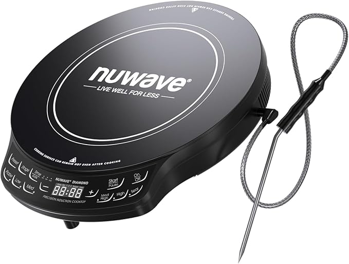 Nuwave Diamond Induction Cooktop, New & Improved Electric Burner with Probe, 91 Temps 50째F to 500째F, 6.5??Heating Coil, Shatter-Proof Ceramic Glass, 3 Wattage Settings, Ideal for Dorms, RVs & Apts
