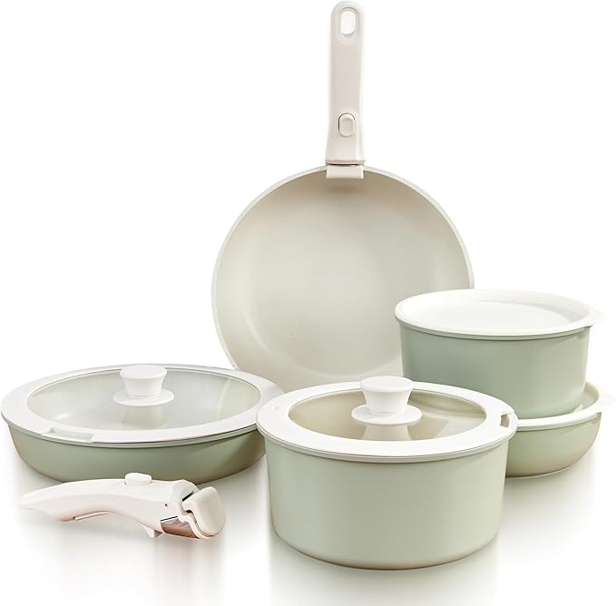 GOURMETIFIC짰 Pots and Pans Cookware Set [11 PIECES] - Non Toxic Ceramic Coated Cooking Ware - Induction, Gas & Oven Kitchenware - Non Stick Pot & Pan with Removable Handles & Stackable (Mint Green)