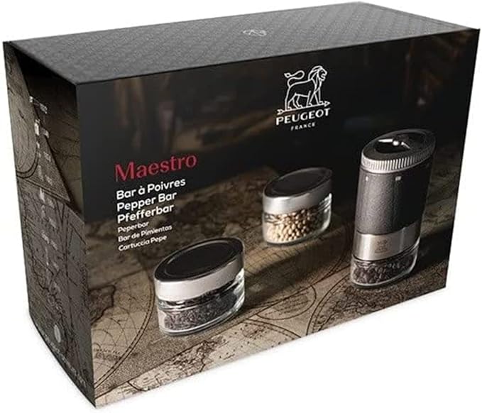 PEUGEOT - Maestro Pepper Bar - 10cm Pepper Mill with U'Select Adjustment - 3 Premium Peppercorns, 3 Interchangeable Empty Vials, Felt - Made in France - PEFC Wood & Stainless Steel - Graphite Color
