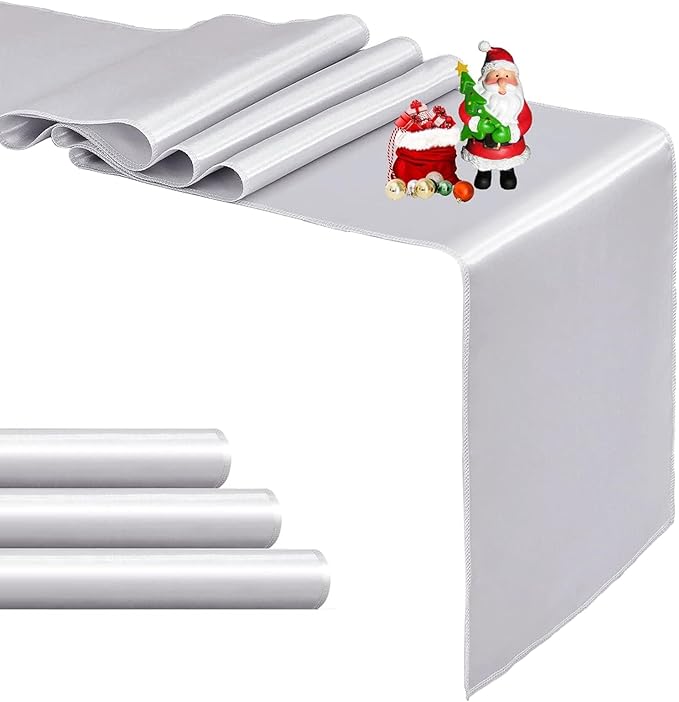 4-Pack Silver Satin Table Runner 12 x 108 Inch Long Bright and Smooth Silk Fabric Table Runner for Wedding Banquet Birthday Party Decoration