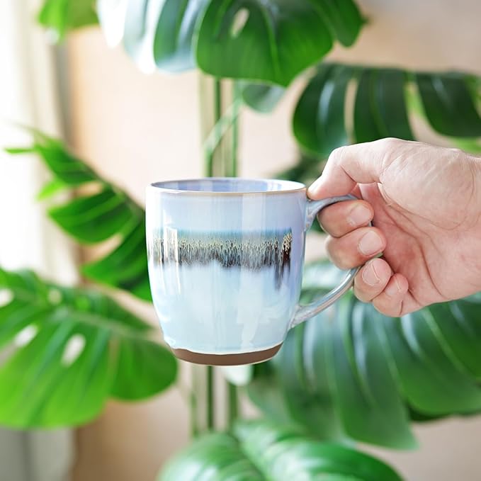 Bosmarlin Ceramic Coffee Mug Set of 4, 17 Oz, Stoneware Coffee Cups with Big Handle, Microwave Safe, Unique Reactive Glaze (17 Oz, Light Blue)