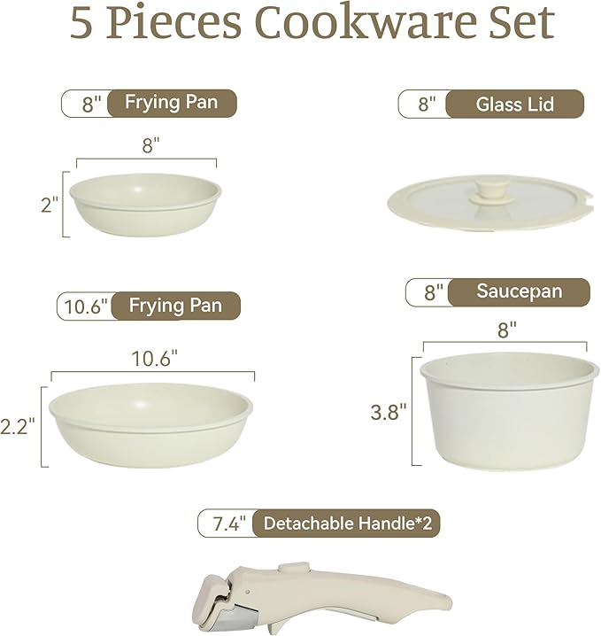 5PCS Pots and Pans Set Non Stick, Kitchen Cookware Sets with Detachable Handle, Induction Cookware Sets, Non Stick RV Cookware Cooking Set, Dishwasher 竊?Oven Safe, PFOA Free, Cream White