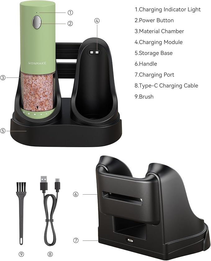 Electric Salt and Pepper Grinder Set - Automatic Refillable Salt and Pepper Grinders with Charging Base & LED Light, 6-Level Adjustable Coarseness with External Dial, Ideal Kitchen Gadget竊똆reen