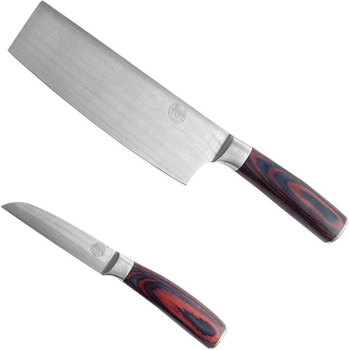 Professional 2-Piece Kitchen Knife Set, Nakiri and Paring Knives, Stainless Steel with Red Marbled Handle (Wood)