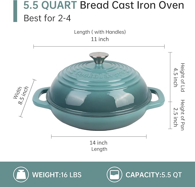 Premium Enameled Cast Iron Dutch Oven for Bread Baking | Non-Stick 5QT Oval Bread Oven with Lid | Perfect for Sourdough, Loaf, and Artisan Baking (Round Green, 5 QT)