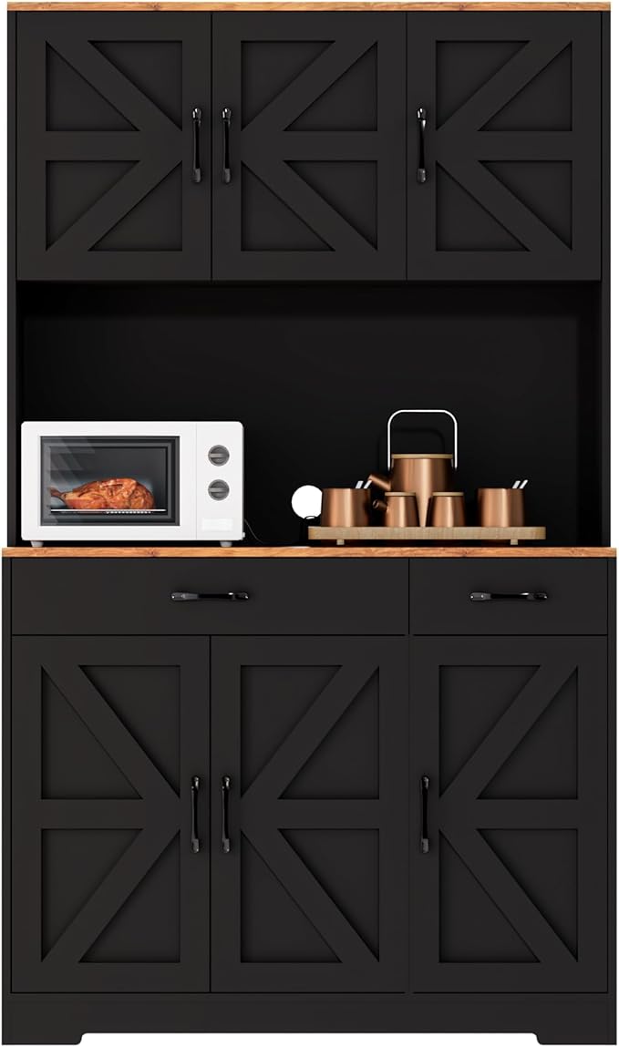 71" Pantry Cabinet with Charging Station, Kitchen Storage Cabinet with Microwave Stand, 8-Zone Organization, 2 Smooth-Glide Drawers, Open Countertop for Dining, Kitchen, Living Room (Black)