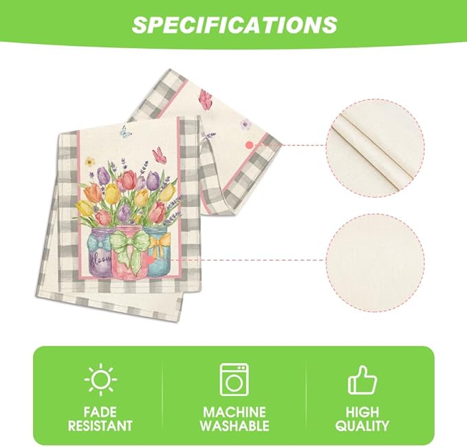 Artoid Mode Buffalo Plaid Vase Lavender Tulip Spring Table Runner, Seasonal Kitchen Dining Table Decoration for Home Party Decor 13x120 Inch