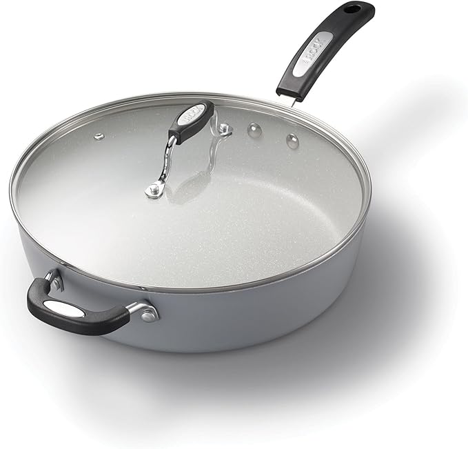 Starfrit The Rock Terra 30cm (12'') Ceramic Non-Stick Deep Fry Pan With Lid - Thick Aluminium Base - PFAS Free - Easy to Clean - Grey