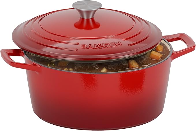 Bakken Enameled Cast Iron Dutch Oven Pot, 6QT Dutch Oven for Bread Baking, Braising & Roasting, Kitchen & Campfire Cooking, Moisture-Locking Lid, Oven Safe Up To 500째F, Works on All Cooktops, Red