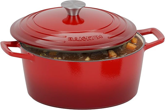 Bakken Enameled Cast Iron Dutch Oven Pot, 6QT Dutch Oven for Bread Baking, Braising & Roasting, Kitchen & Campfire Cooking, Moisture-Locking Lid, Oven Safe Up To 500째F, Works on All Cooktops, Red
