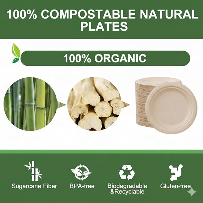 100% Compostable Paper Plates, Heavy Duty Disposable Plates [125-Pack] 9 Inch Plates - Eco-Friendly, Biodegradable Sugarcane Bagasse, Natural Unbleached Brown 9" Dinner Paper Plate Disposable