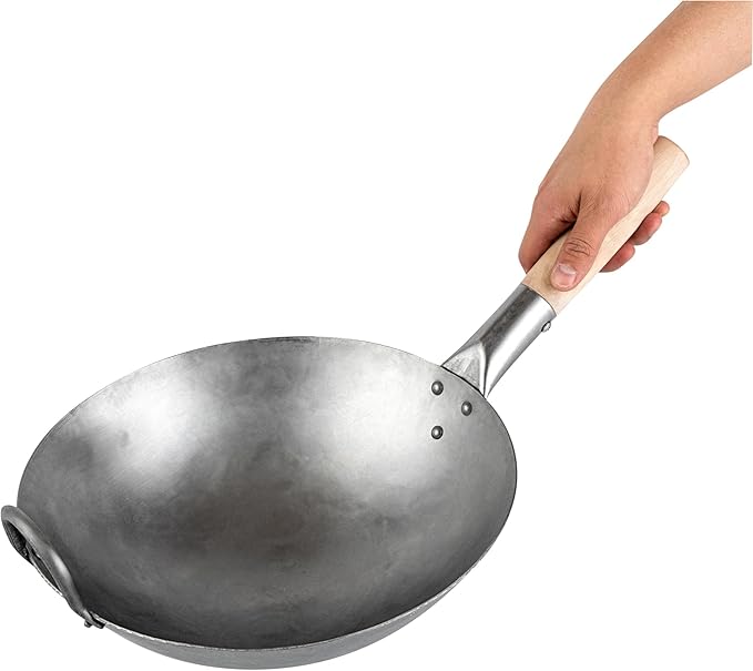 Restaurantware-Motomori 12 Inch Hand-Hammered Carbon Steel Woks, 10 Traditional Japanese Woks - Round Bottom, Wooden Handle, Black Carbon Steel Traditional Stir Fry Pans, With Helper Handle