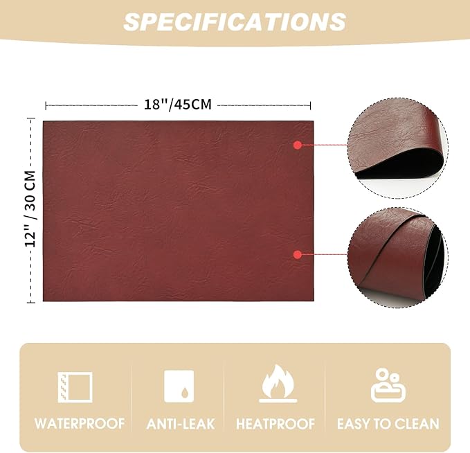 Artoid Mode Red Faux Leather Placemats Set of 6, 12x18 Inch Waterproof Wipeable Heat Resistant Place Mats, Reversible Table Mats for Christmas Kitchen Dining Decor