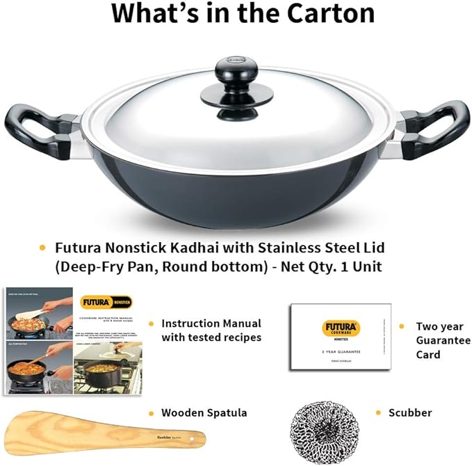 Hawkins Futura Nonstick Kadhai 2.5 L, 26 cm, 3.25 mm with SS lid (Black)
