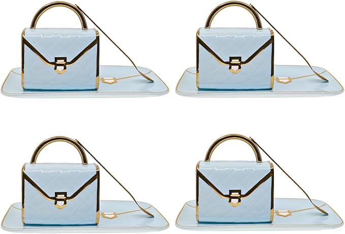 YnsfreeCeramic Purse Coffee Mugs Set Tea Cup Unique Bag shaped mug and Saucer Set with Spoon and Saucer For Women Thanksgiving Christmas Gifts (blue set of 4)