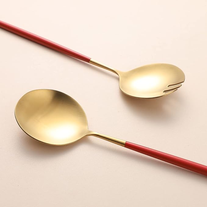 Salad Servers,Spoon and Fork Set 11.41 inch,18/10 Stainless Steel Salad Serving Titanium Plating (Red gold)