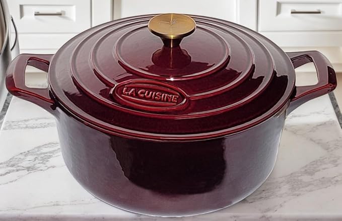 La Cuisine Enameled Cast Iron Dutch Oven Casserole Pot with Lid 6.5 QT 11" /28cm Dia. Internal Matte Black Enamel Coating Gold-Plated SS Lid Handle Oven Safe up to 500째 F for bread baking, Cranberry