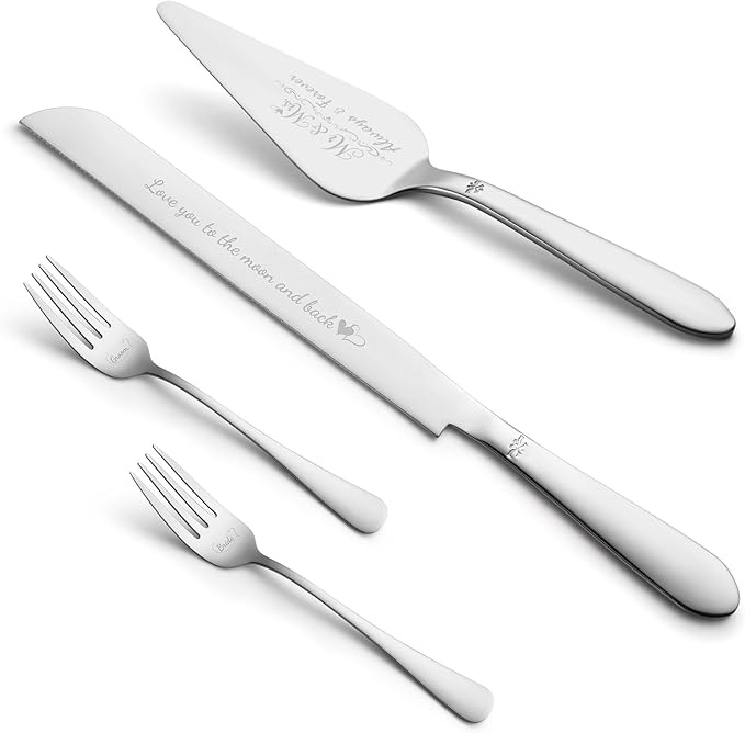 Cake Cutting Set for Wedding, Elegant Cake Knife and Server Set with Stainless Steel Forks, Cake Cutter and Pie Spatula for Engagements, Anniversary, Bride and Groom, 4 Pcs, Silver