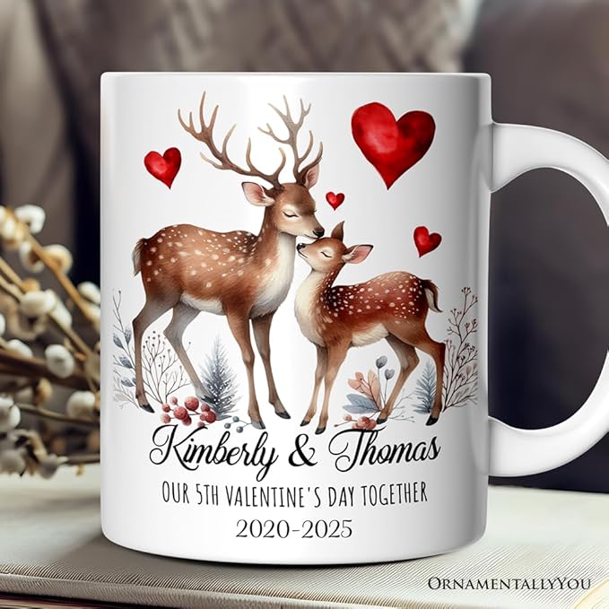 OrnamentallyYou Personalized Valentine Mug (Valentine Deer Anniversary Personalized Mug for Couple, Together Keepsake Romantic Gift)