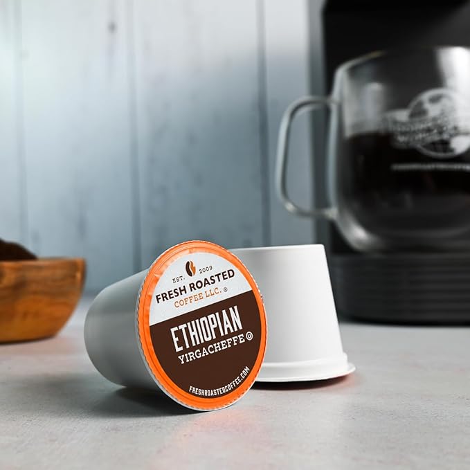 Fresh Roasted Coffee, Ethiopian Yirgacheffe Kochere, Medium Roast, 96 Pods for K Cup Brewers