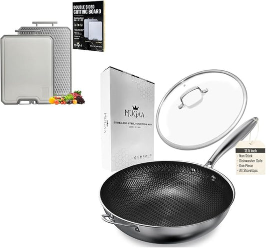 Nonstick Honeycomb Hybrid 12.5" Stainless Steel Wok with Lid + Large 304 Steel Cutting Board Double Sided | Premium Kitchen Bundle