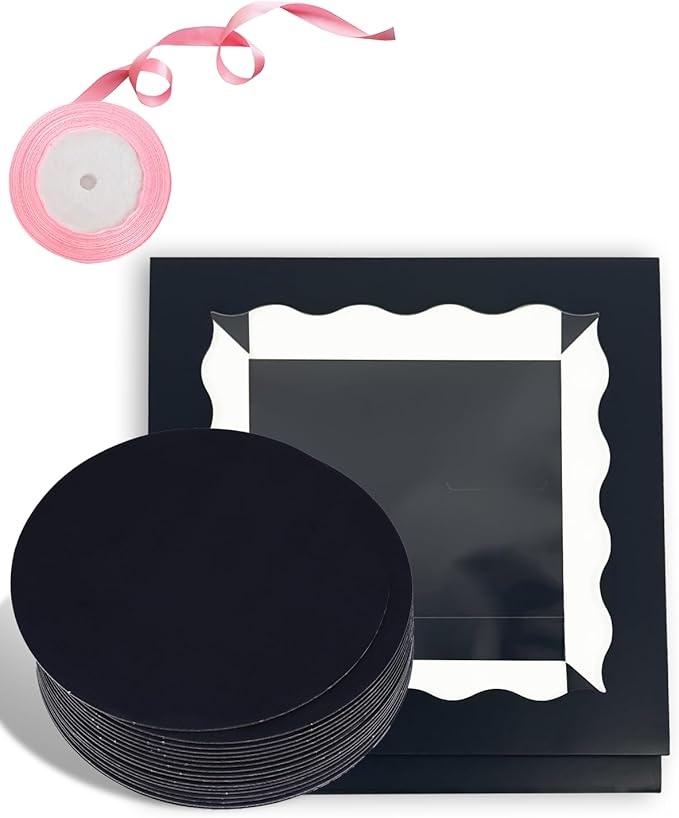 qiqee Black 10x10x8 Cake Box, 4 Sets Cake Box with Window 竊?4 Sets 10" Cake Round Boards, 10inch Cake Containers, 10 Meters Pink Silk Ribbon Includes