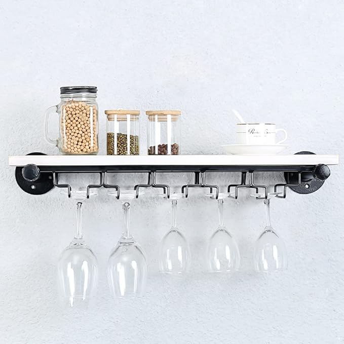 Industrial Wine Rack Wall Mounted with 5 Glass Holder,Wine Glass Rack Floating Wine Glass Shelf,24in Pipe Shelving Hanging Wood Shelves
