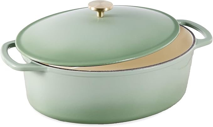 Best Choice Products Oval 7.5 Quart Enamel Cast-Iron Dutch Oven, Heavy-Duty Pre-Seasoned for Baking, Cooking w/Side Handles ??Sage Green